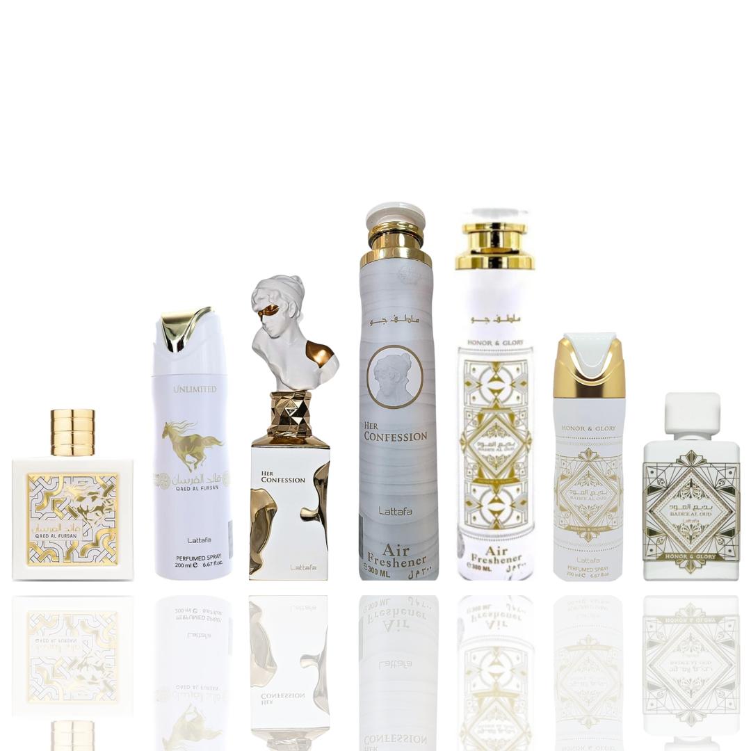 BADEE AL OUD HONOR AND GLORY + BADEE AL OUD HONOR AND GLORY BODY SPRAY + Badee Al Oud Honor & Glory Air Freshener +Her confession AIR FRESHENER + HER CONFESSION + QAED AL FURSAN UNLIMITED + QAED AL FURSAN UNLIMTED BODY SPRAY -- 7 PIECE BUNDLE