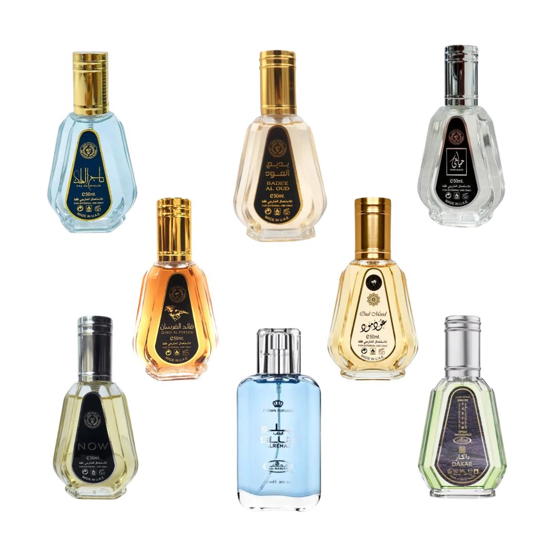 Taj Al Malik 50ml + Badee Al Oud 50ml + Hayaati 50ml + Qaed Al Fursan 50ml + Oud Mood 50ml + Now Black 50ml + Blue 50ml + Dakar 50ml --- 8 piece bundle