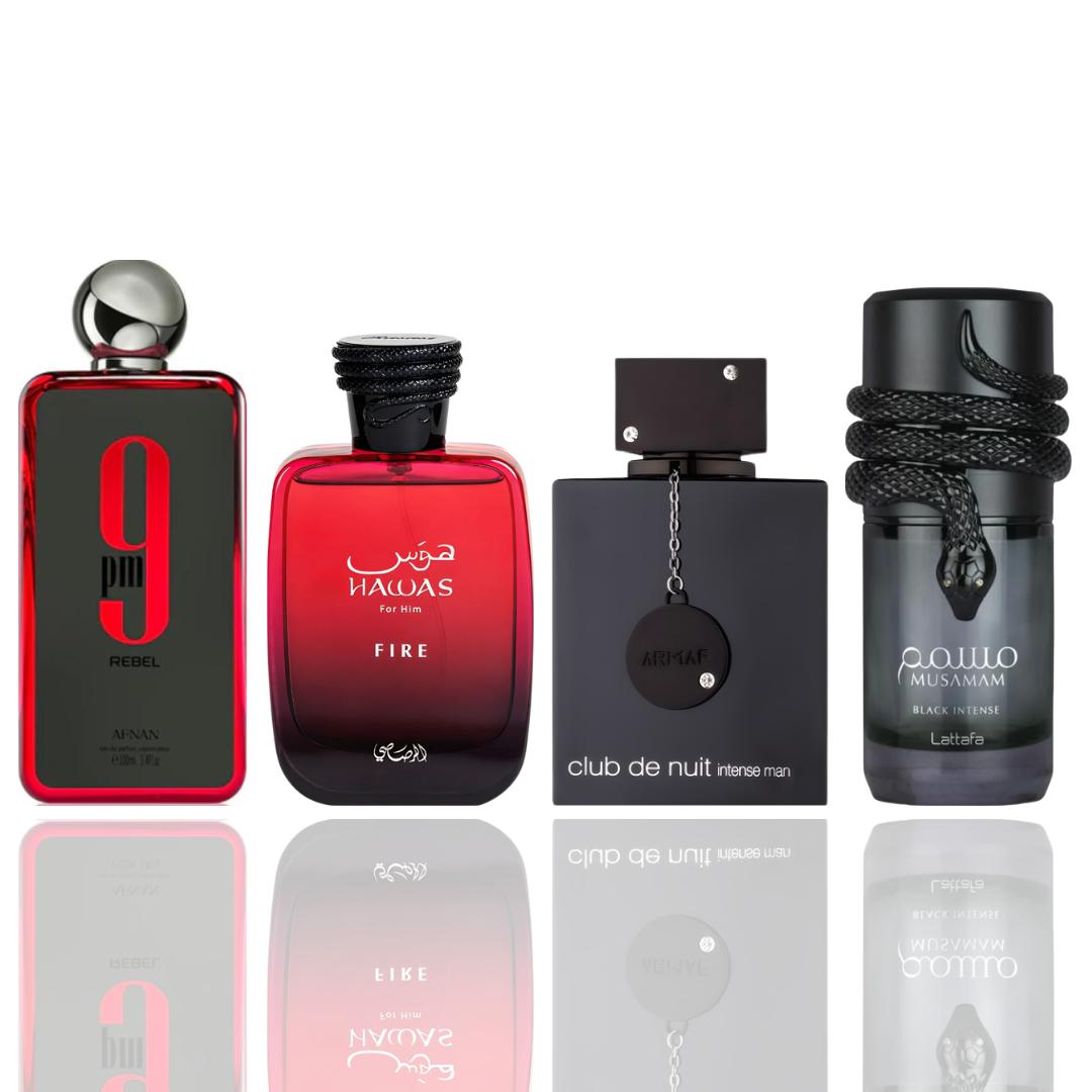 9PM REBEL + Hawas Fire + Musamam Black Intense + CLUB DE NUIT INTENSE -- 4 piece bundle