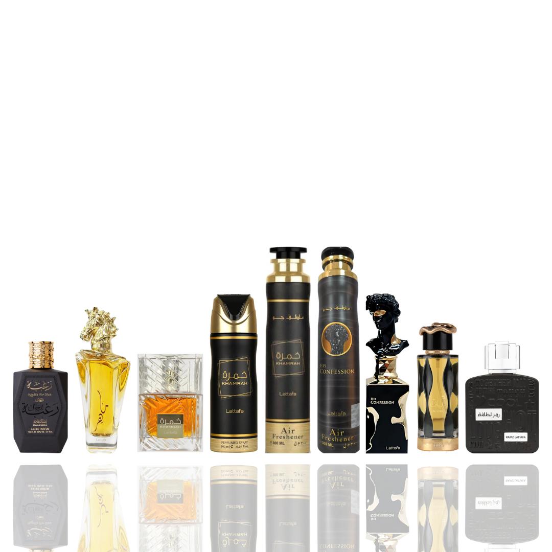 RAGHBA FOR MEN + MAAHIR gold + Khamrah + Khamrah DEODORANT + Khamrah AIR FRESHENER + HIS CONFESSION AIR FRESHENER + HIS CONFESSION + TERIAQ BLACK + RAMZ LATTAFA SILVER -- 9 PIECE BUNDLE