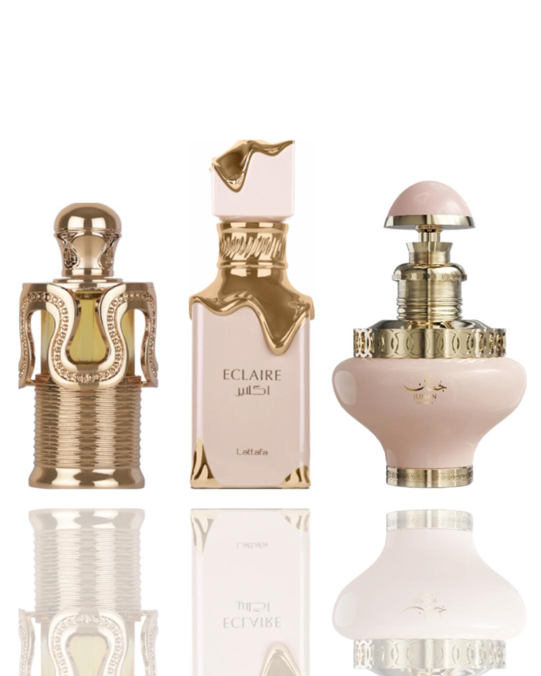 Lattafa Eclaire, Maitha, Juman Precious Women's Fragrance 3-Piece Bundle - 3 Bottles with Fresh Airy Scent, Layered Wear Design, Soft Luxe Feel, Vanilla Base