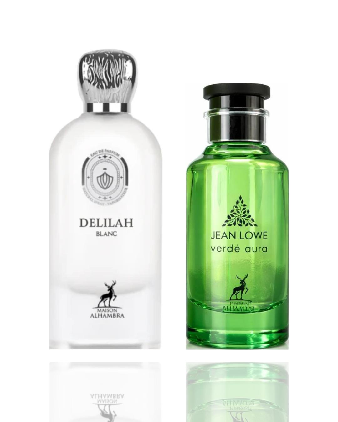 Lattafa Delilah Blanc + Jean Lowe Verde Aura Unisex 2-Piece Perfume Bundle Set - Clean Harmony, Modern Fresh, Soft Floral, Elegant Scent for Everyday Wear, Layer Wisely