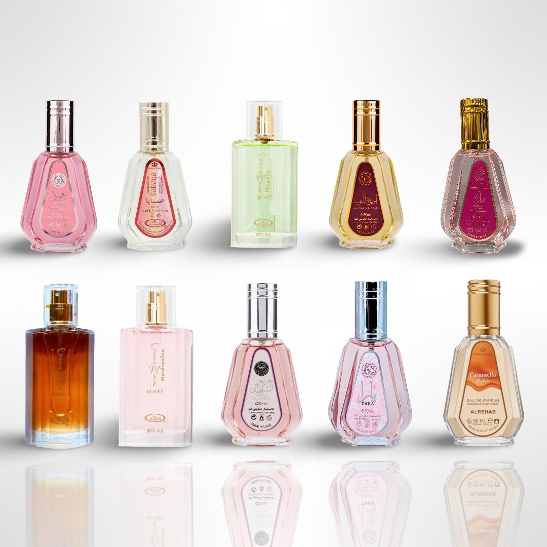 Sabaya 50ml + Caramello 50ml + Choco Musk 50ml + Pistachio 50ml + Marshmallow 50ml + Mousuf Wardi 50ml + Yara 50ml + Hayaati Exotic + Ameerat Al Arab 50ml + Hareem Al Sultan 50ml - Fragrance Gift Bundle