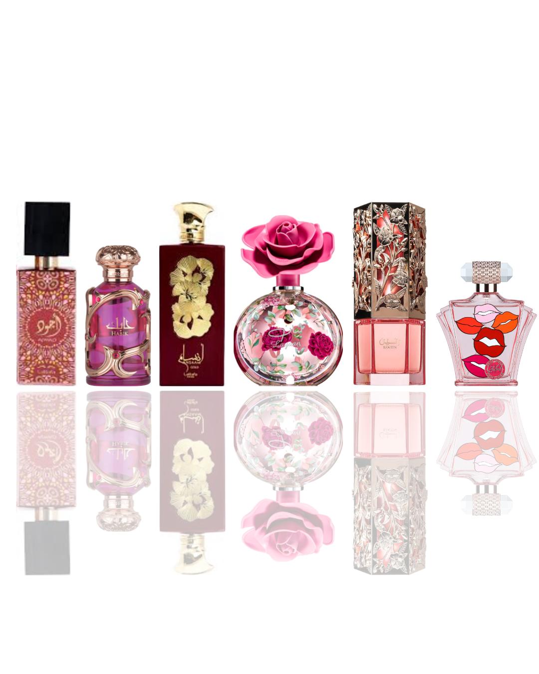 Ajwad pink + habik women + ansaam gold + layaan + raneen + zakaat z19 -- 6 piece bundle