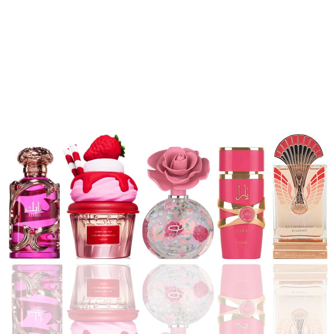 habik woman + layaan + yara candy + La Charmante Eclatant + GIVE ME GOURMAND BERRY ON TOP -- 5 PIECE BUNDLE Floral Rose Fragrance Edp Perfume Spray