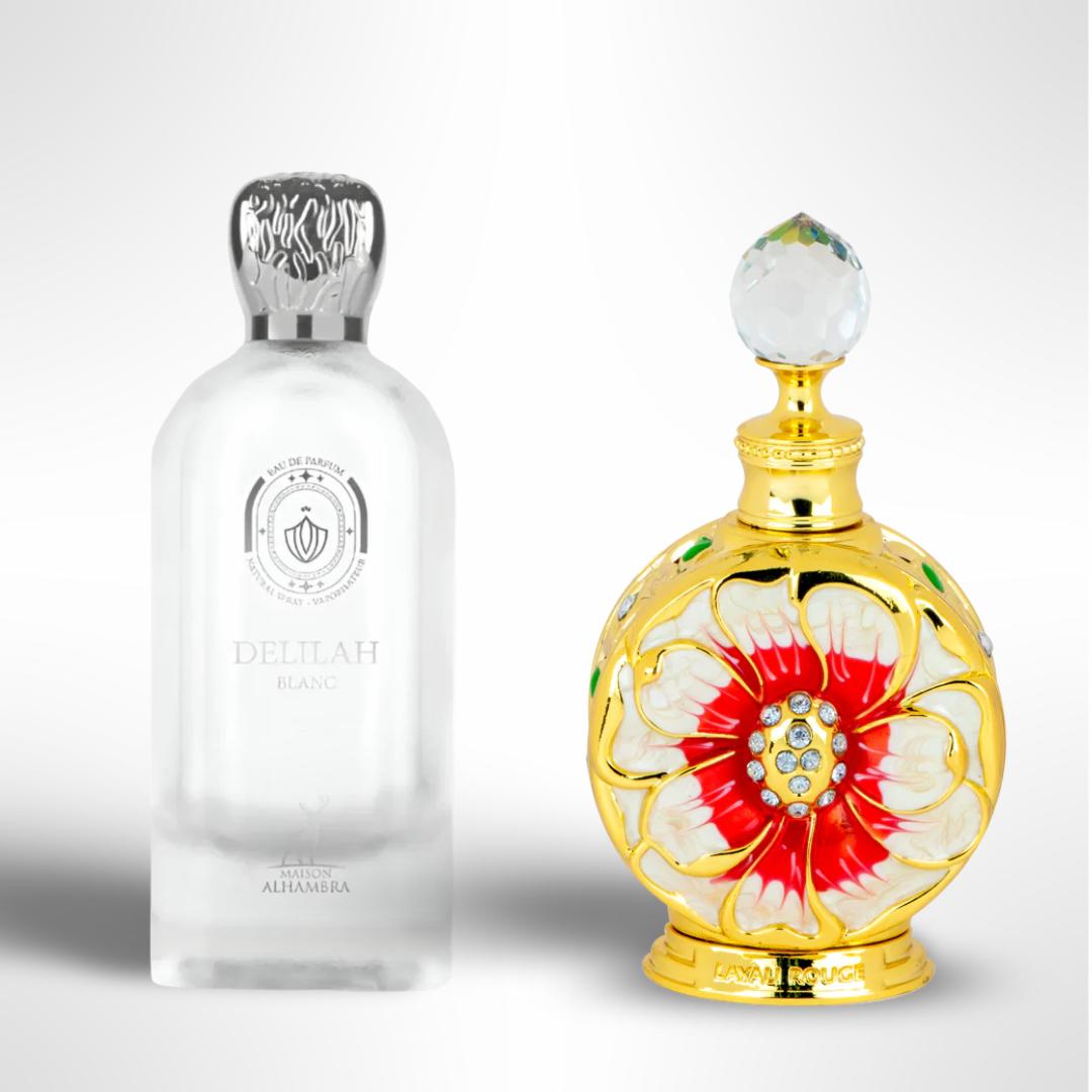 (Mama’s Bouquet Set) Maison Alhambra Delilah Blanc 100ml perfume + Layali Rouge 15ml concentrated oil by Swiss Arabian