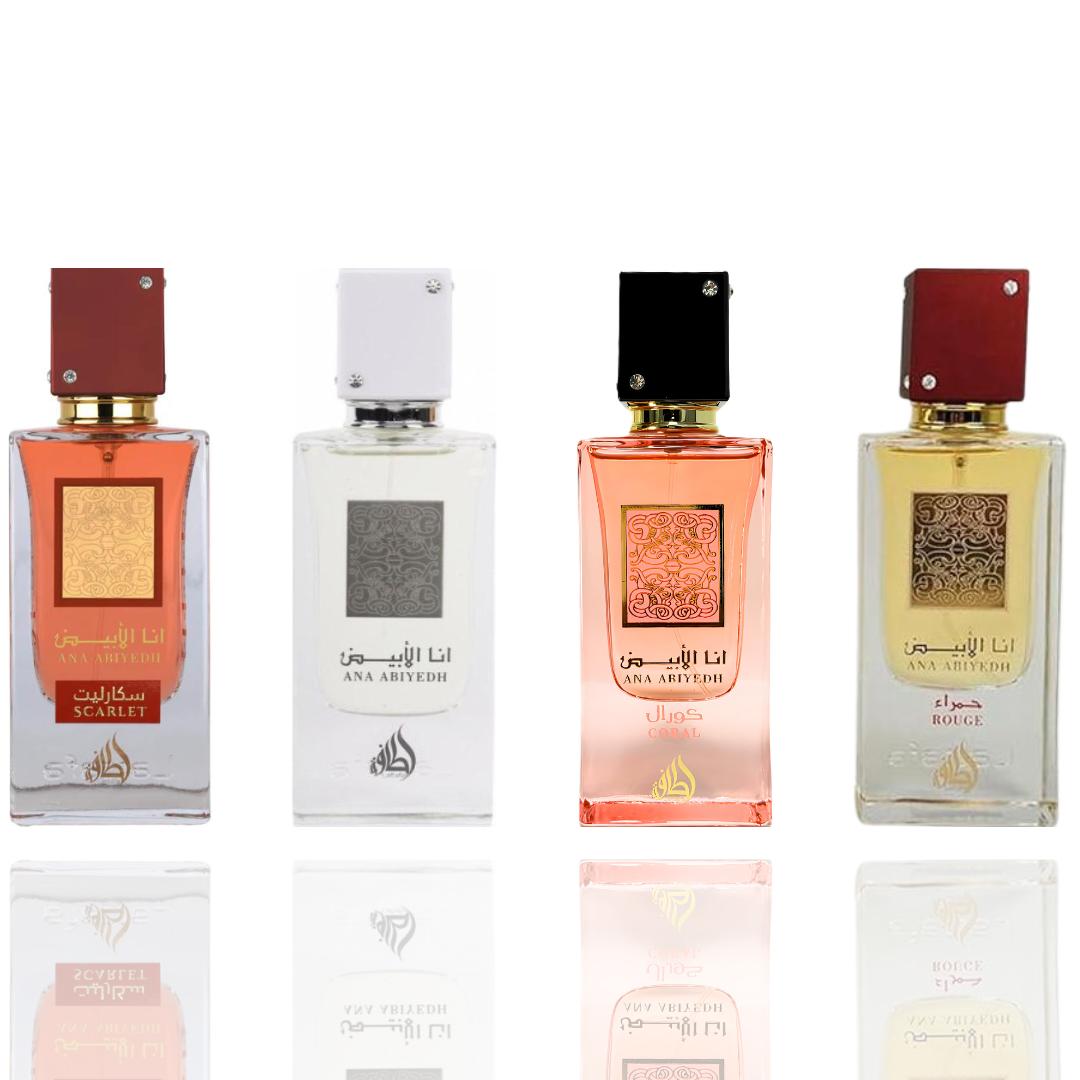 Lattafa Ana Abiyedh Unisex 4-Piece Premium Arabian Fragrance Bundle - 4x20ml Oil Perfume Concentrates (Coral, Scarlet, Rouge), Oil Perfumery, Luxurious Scent, Soft Musk, Parfum Gift Set