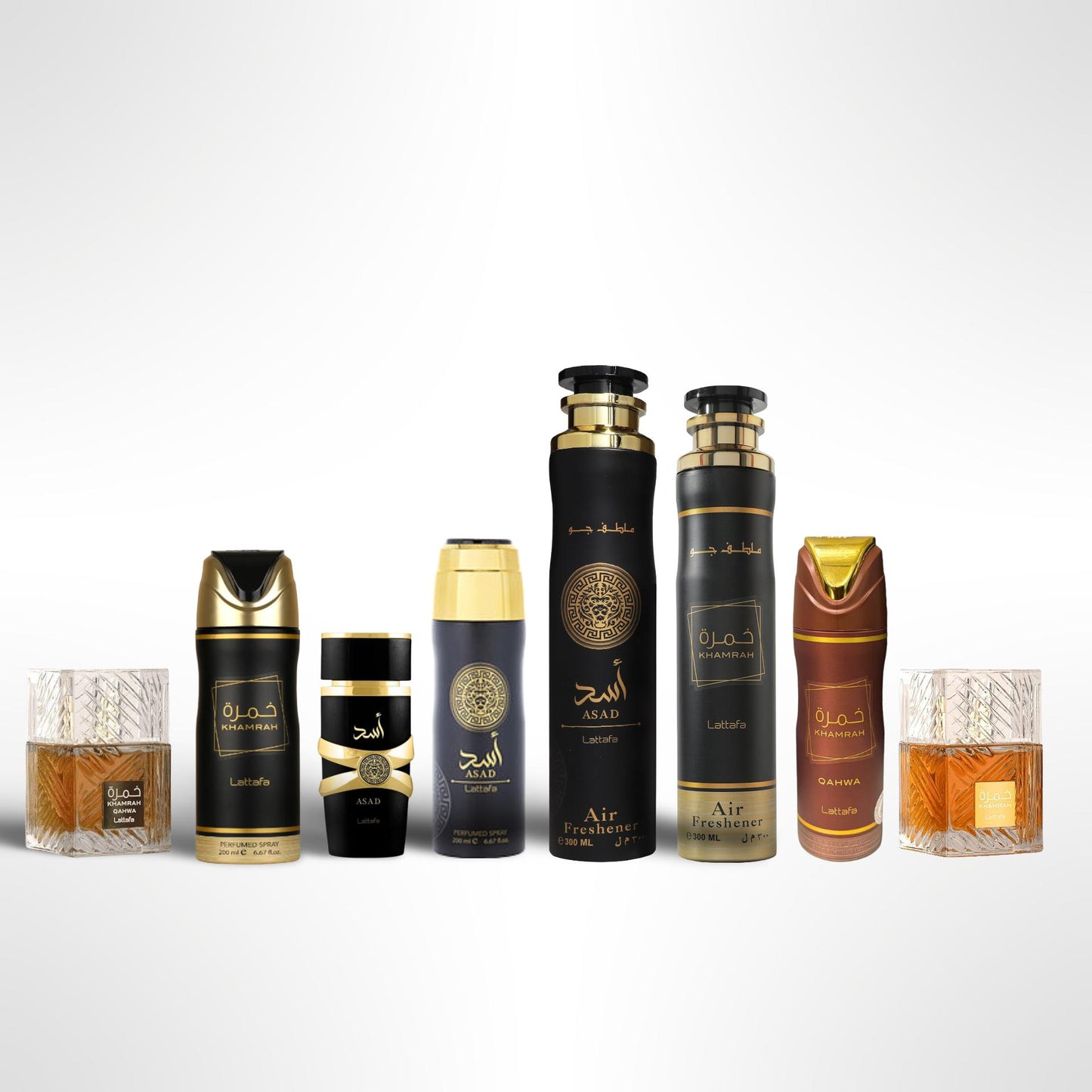 Asad + ASAD Deodorant + Asad Air Freshener + Khamrah lattafa + KHAMRAH Deodorant + Khamrah Air Freshener + Khamrsh Qahwa + Khamrsh Qahwa Deodorant By Ard Al Zaafaran 10.1oz(300ml) Fragrance Gift Bundle