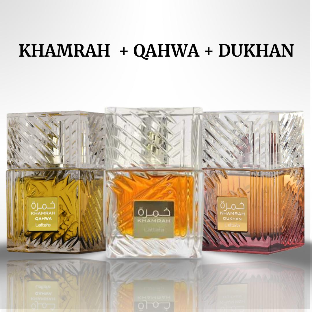 Lattafa Khamrah+ khamrah qahwa + Khamrah dukhan - Fragrance Gift Bundle