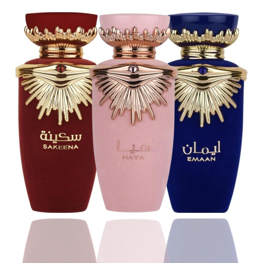 Lattafa Women's Fragrance 3-Piece Bundle Set - Emaan, Haya, Sakeena Perfumes with Moral Peace Spiritual Blend, Lattafa Perfumes for Women
