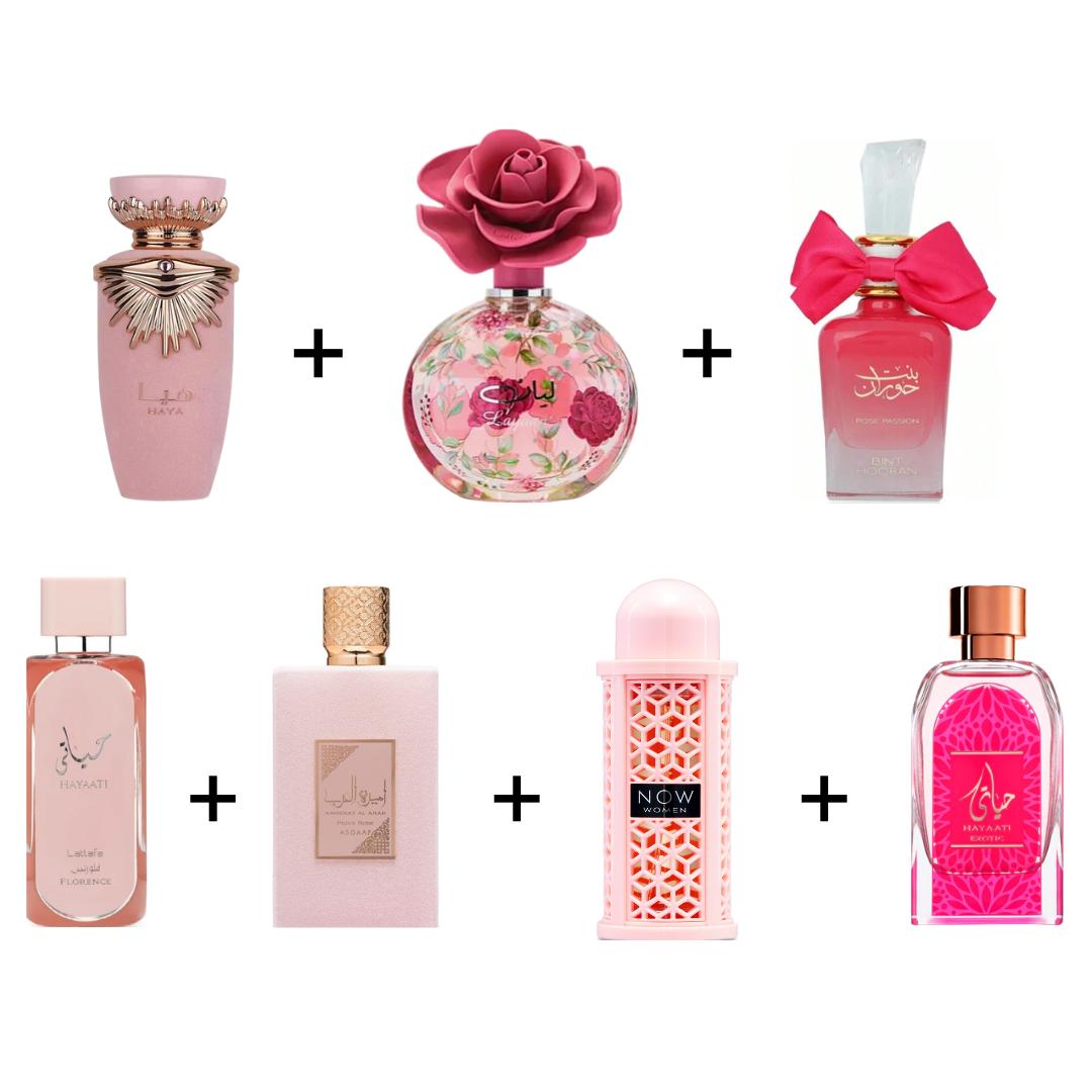 HAYA + Layaan + BINT HOORAN ROSE PASSION + Hayaati Exotic + HAYAATI FLORENCE + AMEERAT AL ARAB PRIVE ROSE + NOW Women -- 7 PIECE BUNDLE Edp Sprays Middle Eastern Fragrance