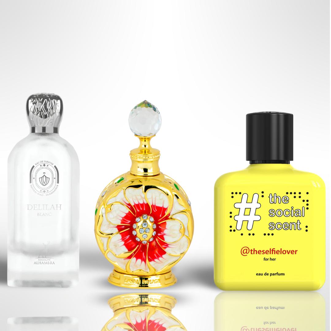 (Mama’s Bouquet TRIO) Maison Alhambra Delilah Blanc 100ml perfume + Layali Rouge 15ml concentrated oil by Swiss Arabian + TheSelfieLover For Her 100ml perfume