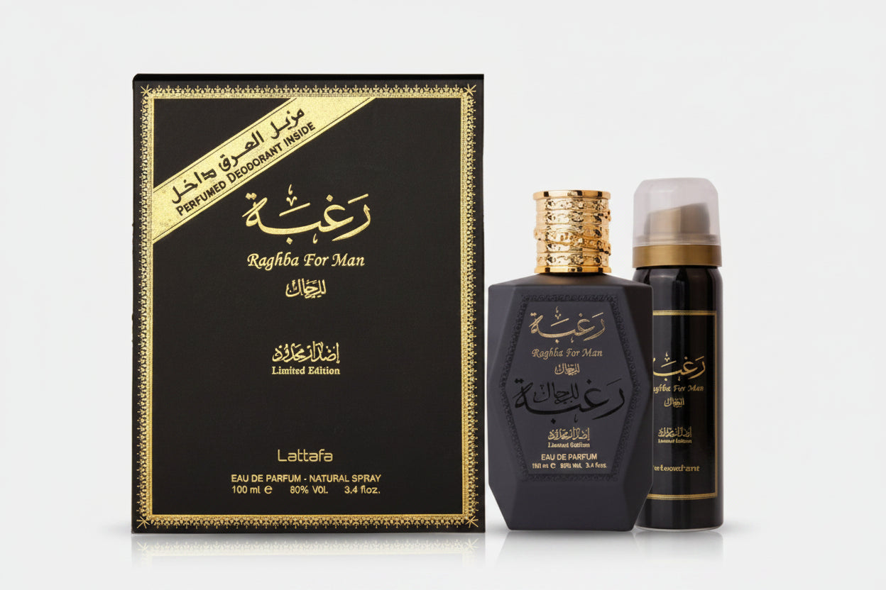 RAGHBA FOR MEN by Lattafa 2 Piece Set (3.4 Ounce Eau de Parfum Spray + 1.7 Ounce Deodorant Spray) LIMITED EDITION
