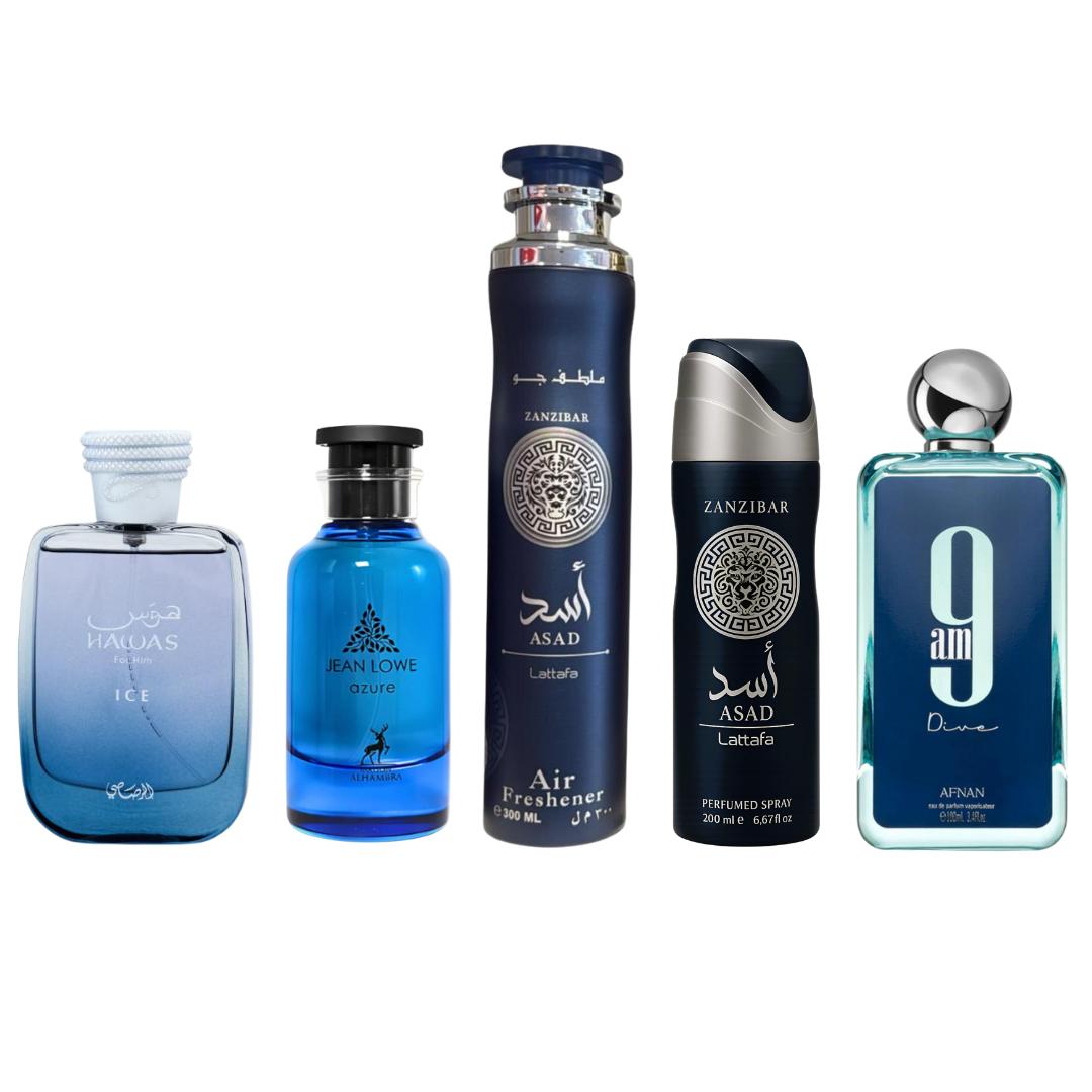Hawas Ice + Jean Lowe Azure Perfume + 9am Dive Perfume + Asad Zanzibar Air Freshener + Asad Zanzibar Deodorant -- 5 piece bundle