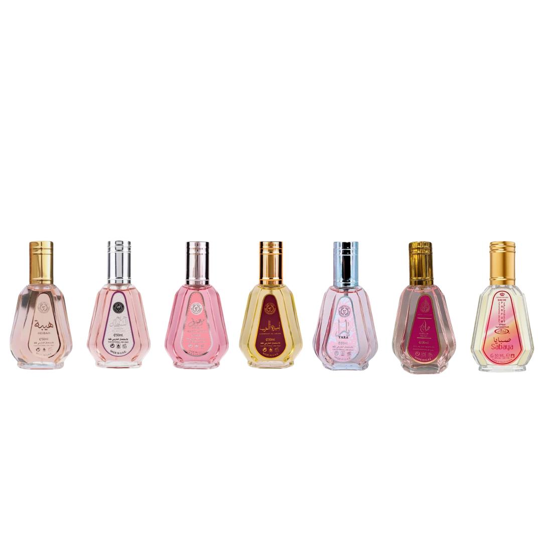 Sabaya 50ml + Hayaati 50ml + Yara 50ml + Ameerat Al Arab 50ml + Mousuf Wardi 50ml + Hareem Al Sultan 50ml + Heibah 50ml – Fragrance Gift Bundle (50ml Each)