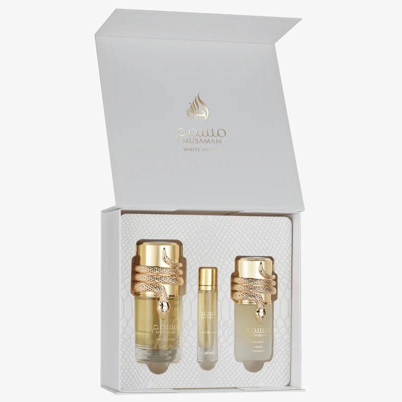 Lattafa Musamam White Intense 3pcs Gift Set - Eau De Parfum 100ml & 12ml, Fresh Hair Mist 50ml, Spices & Sandalwood Fragrance