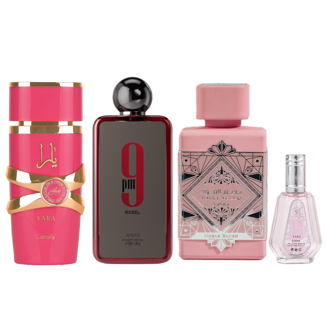 9PM REBEL + YARA CANDY + BADEE AL OUD PINK + YARA 50ML by Lattafa Perfumes 3.4oz (100ML) - Fragrance Gift Bundle