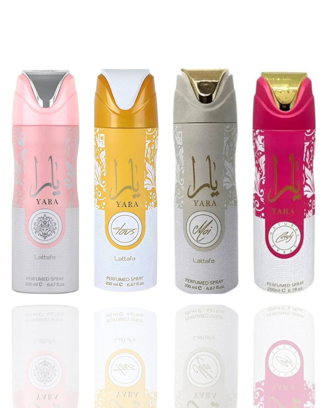 Yara Deodorant + Yara Candy Deodorant + Yara Moi Deodorant + Yara Tous Deodorant -- 4 piece bundle NOTES