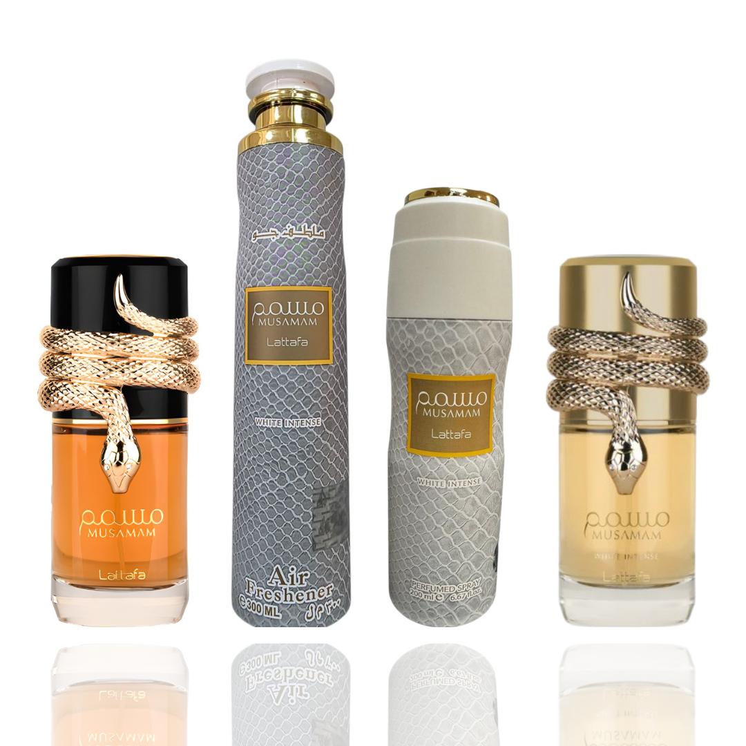 MUSAMAM WHITE + MUSAMAM BLACK + MUSAMAM WHITE AIR FRESHENER + MUSAMAM WHITE DEODORANT -- 4 PIECE BUNDLE