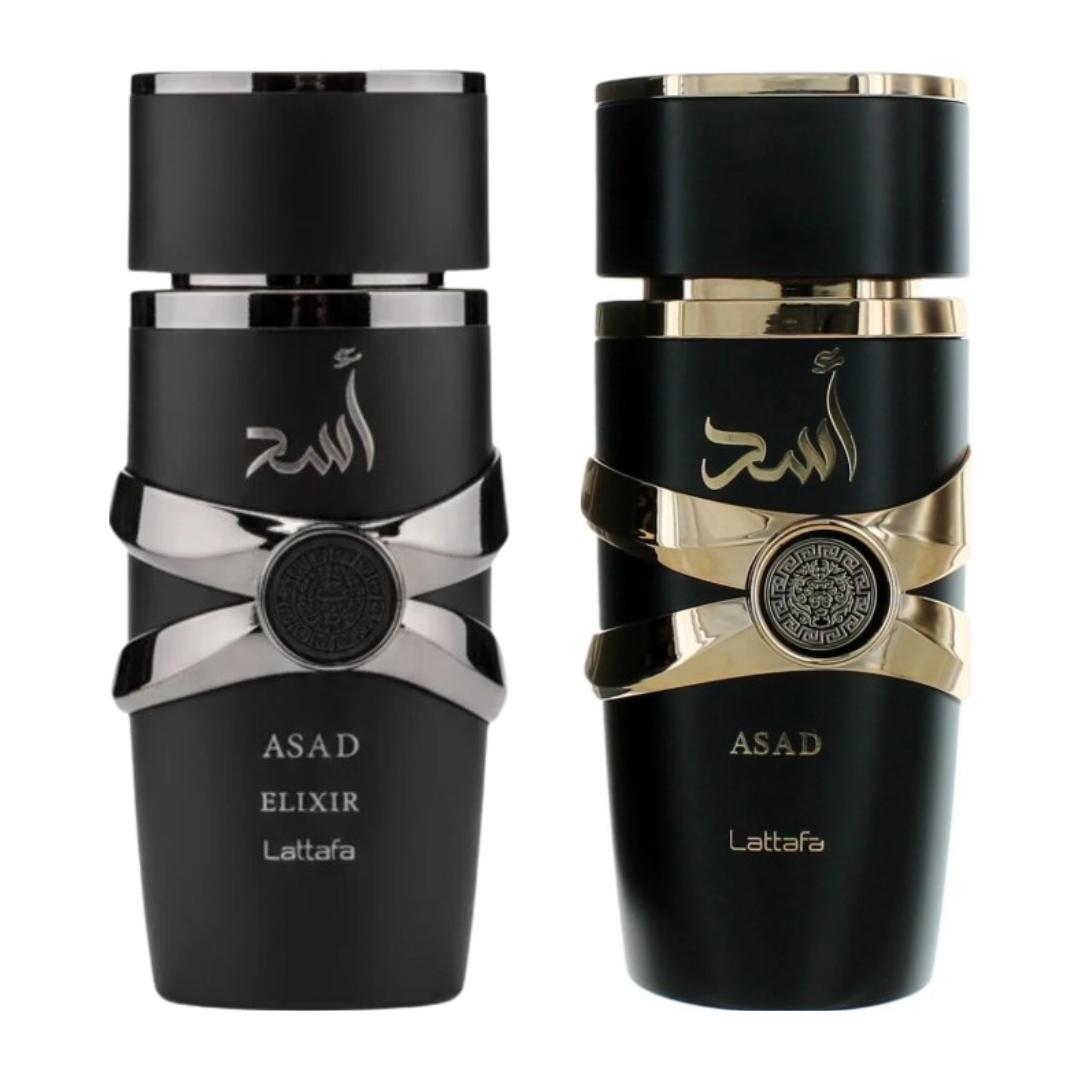 Lattafa Men's 2-Piece Premium Fragrance Set - ASAD Elixir and ASAD Luxury Look, Featuring Bottle-Shaped, Boxed, Fragrant, Luxury-Inspired Bottled Fragrances and Flasks, Premium Scents, Bottle-Shaped Men's Fragrance