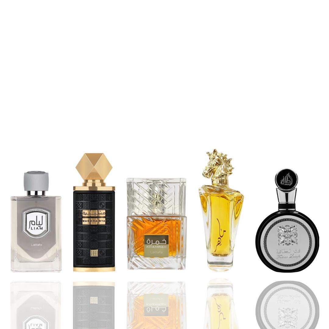 MAAHIR GOLD + LIAM + FAKHAR LATTAFA MAN + KHAMRAH + MASHRABYA -- 5 PIECE BUNDLE