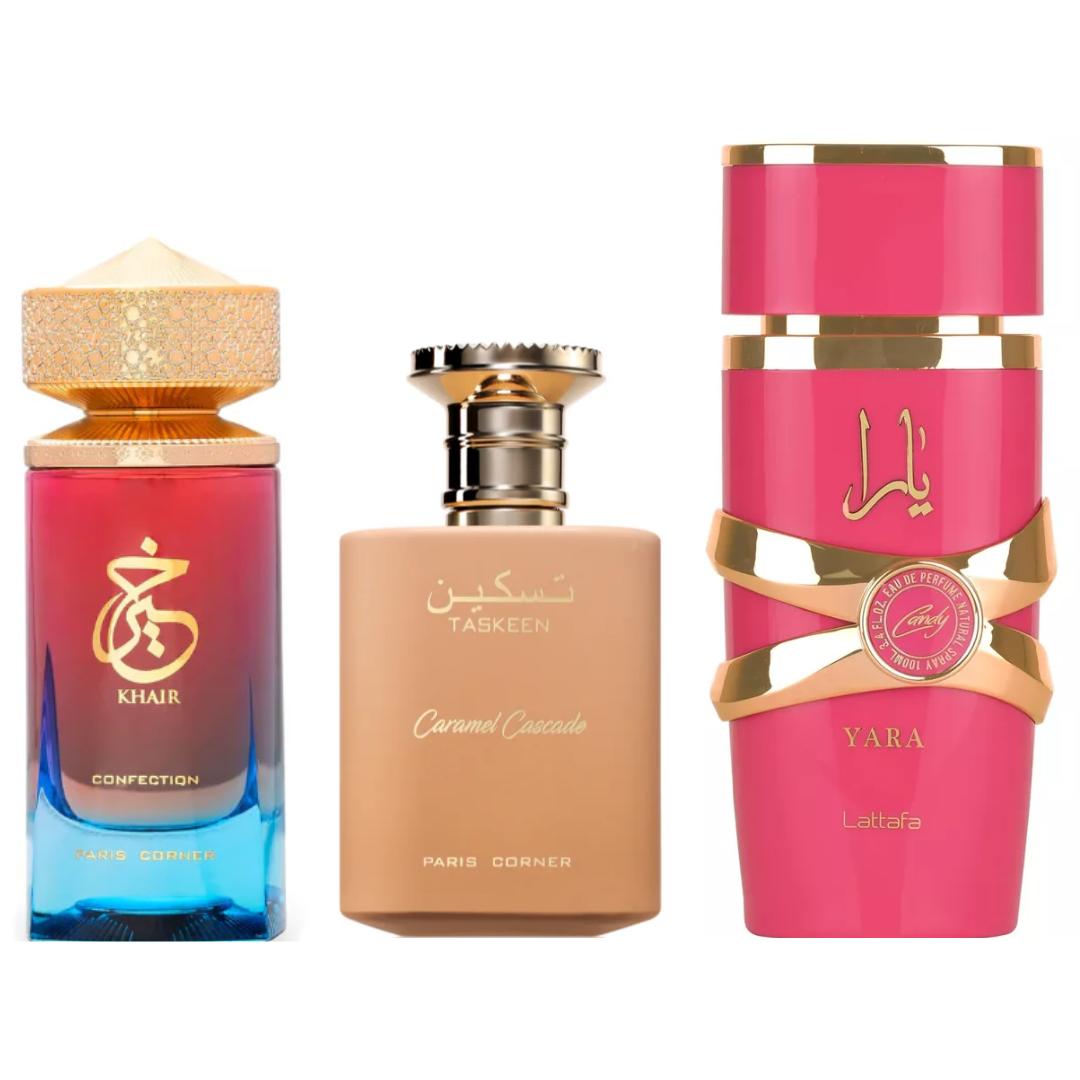 TASKEEN CARAMEL+ KHAIR CONFECTION + YARA CANDY By Lattafa Perfumes (Women) 3.4oz (100ML) - Fragrance Gift Bundle