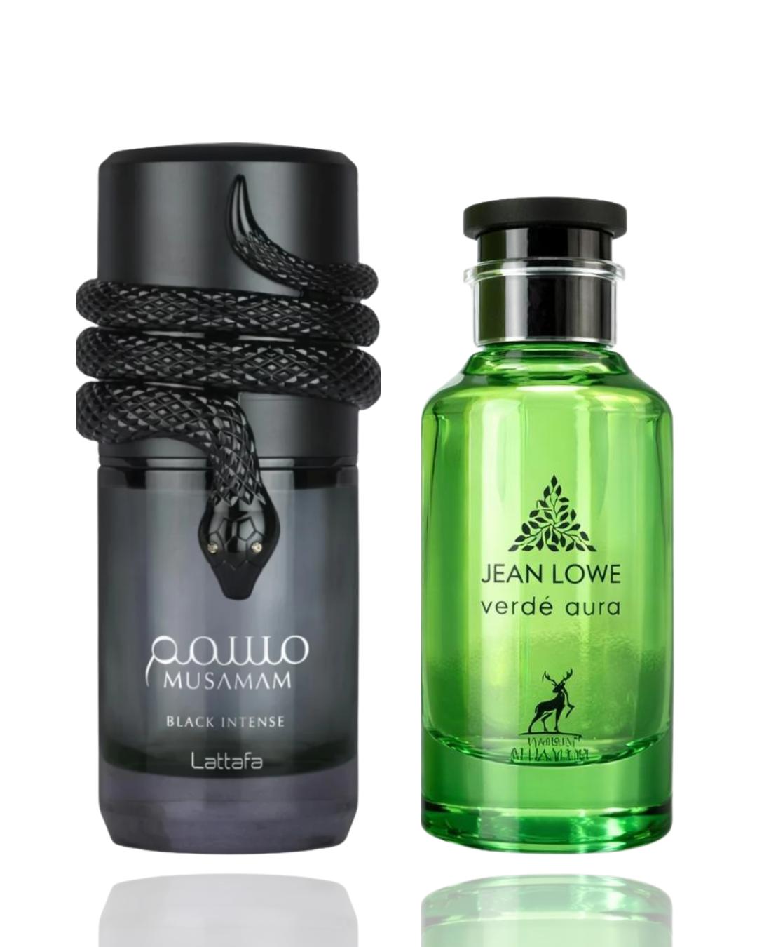 Lattafa Unisex 2-Piece Perfume Bundle Set - Musamam Black Intense & Jean Lowe Verde Aura, Aromatic Amberwood, Spicy Oud-Style Dark Amber Fragrance for Evenings & Layered Wear (2 Bottles)