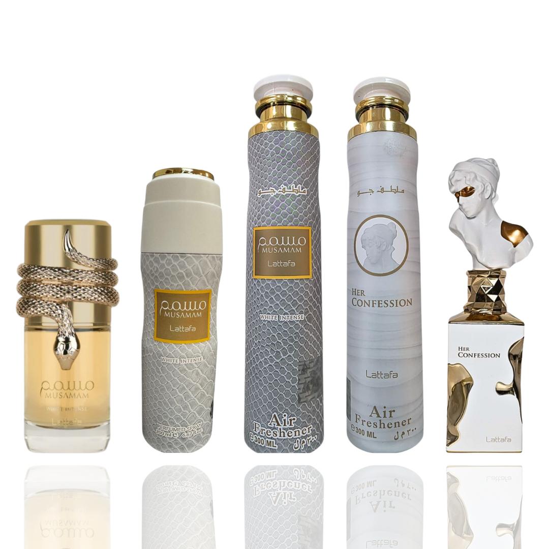 MUSAMAM WHITE + Musamam Deodorant + Her confession AIR FRESHENER + HER CONFESSION + MUSAMAM AIR FRESHENER -- 5 PIECE BUNDLE