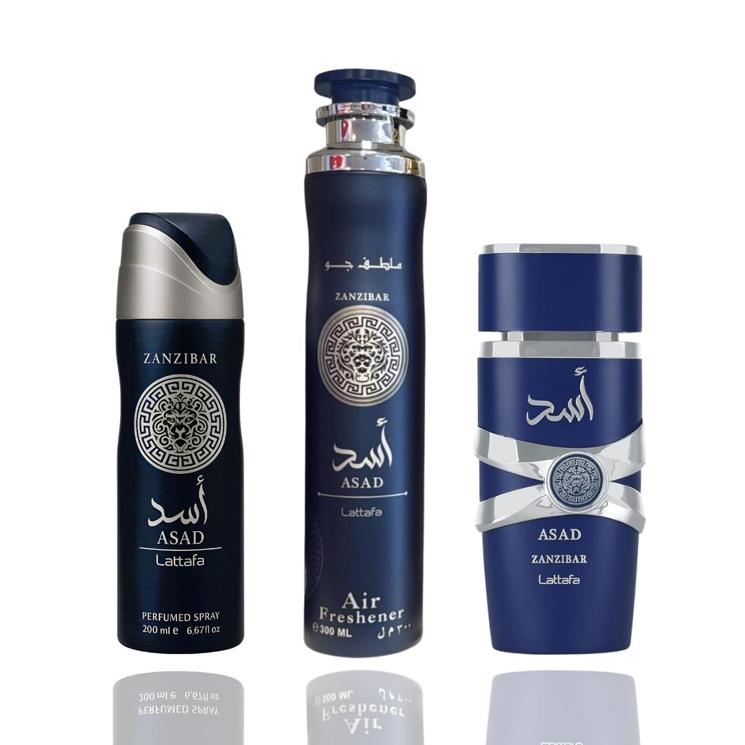 Asad Zanzibar + Asad Zanzibar Deodorant + Asad Zanzibar Air Freshener --- Full Zanzibar triple set