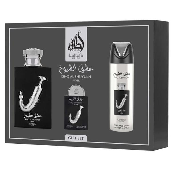 Ishq Al Shuyukh Silver 3-Piece Perfume Gift Set by Lattafa Pride (Gift Set) Arabian Fragrance Arabian Scent