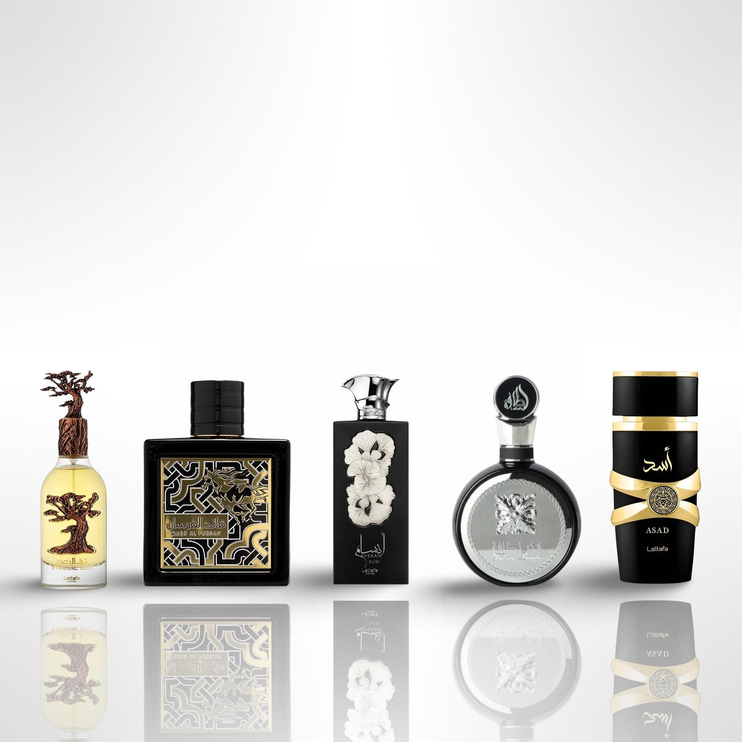 Eternal Oud + Qaed Al Fursan + Ansaam Silver + Fakhar Lattafa + Asad 100ml (3.4oz) - Fragrance Gift Bundle