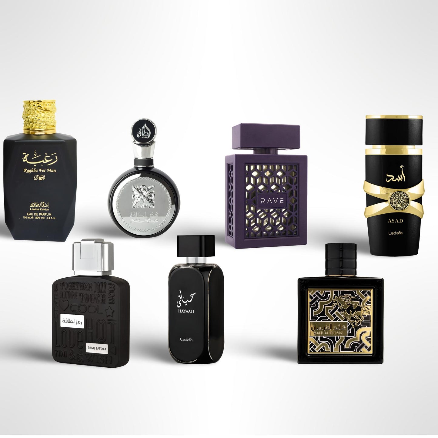 Raghba + Rave + Ramz + Fakhar + Quaid Ul Fursan + Asad + Hayathi Eau De Parfum 100ml (3.4 oz) – Lattafa Perfumes Fragrance Gift Bundle