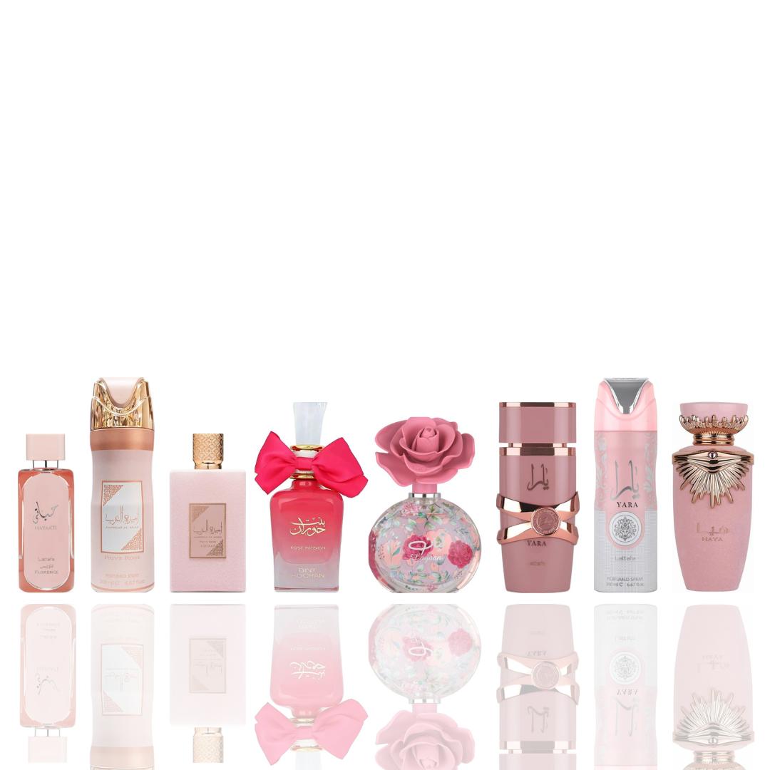 hayaati florence + ameerat al arab prive rose deodorant + ameerat al arab prive rose + bint hooran rose passion + layaan + yara elixir + yara deodorant + haya -- 8 PIECE BUNDLE
