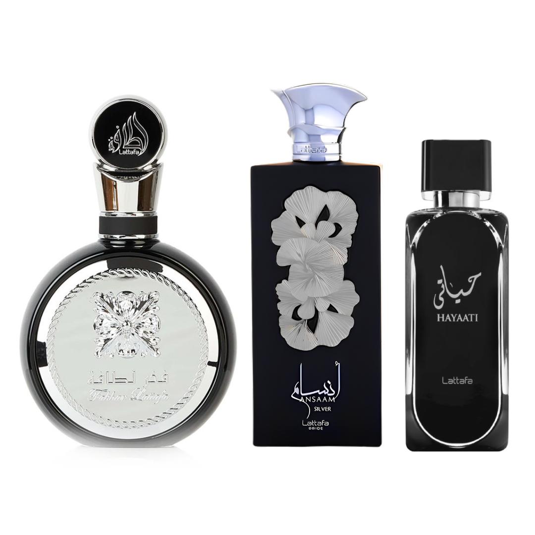 Lattafa Fakhar silver + Lattafa Ansaam Silver + Lattafa Hayaati (3pc Bundel)_(100ml each)