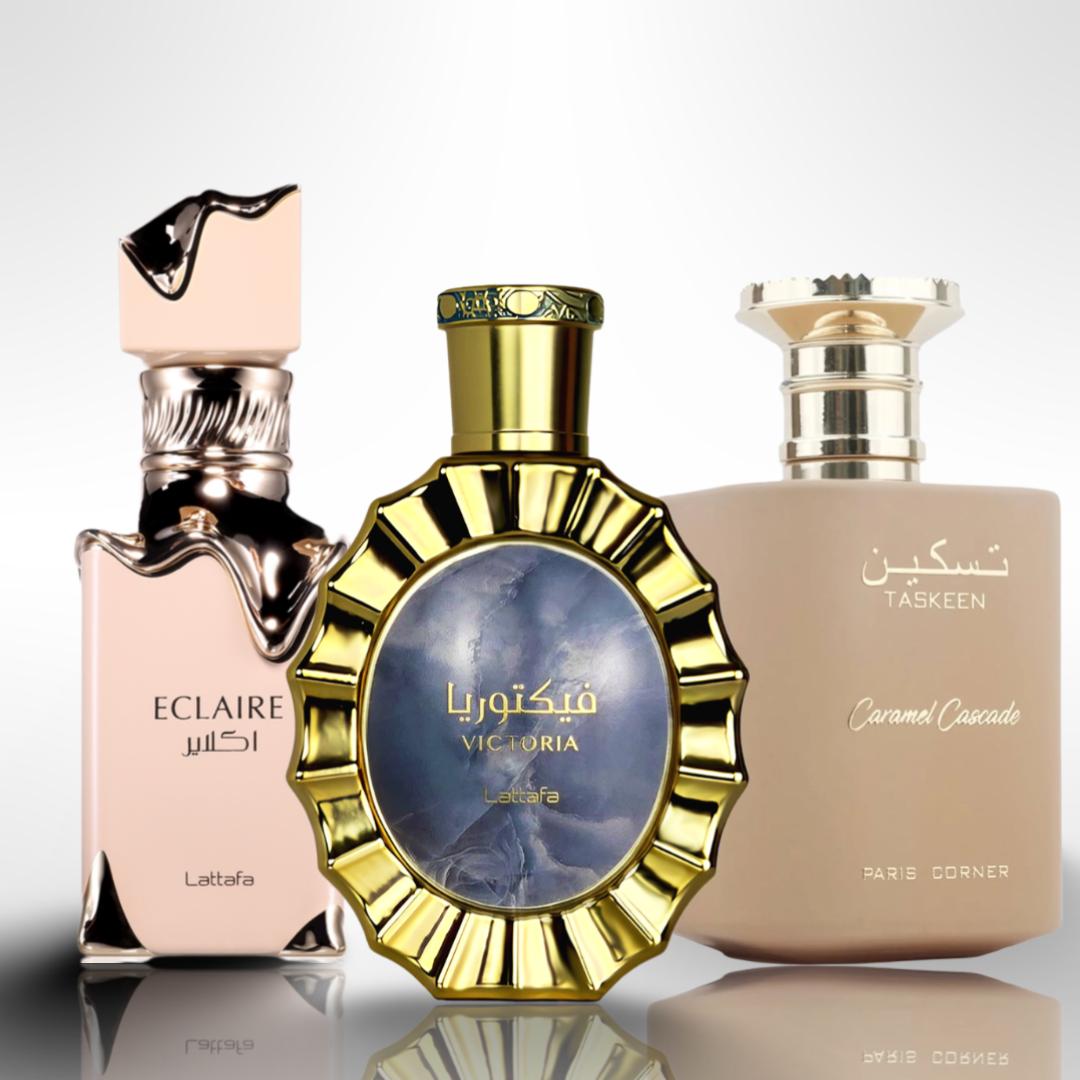 Lattafa Victoria + Taskeen Caramel Cascade + Eclair - Fragrance Gift Bundle