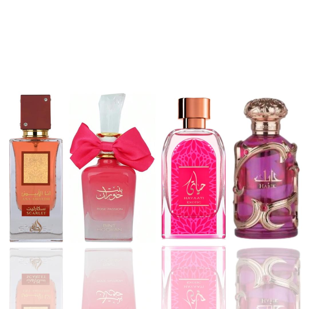 BINT HOORAN ROSE PASSION + Hayaati Exotic + Ana Abiyedh Scarlet + Habik pink -- 4 piece bundle