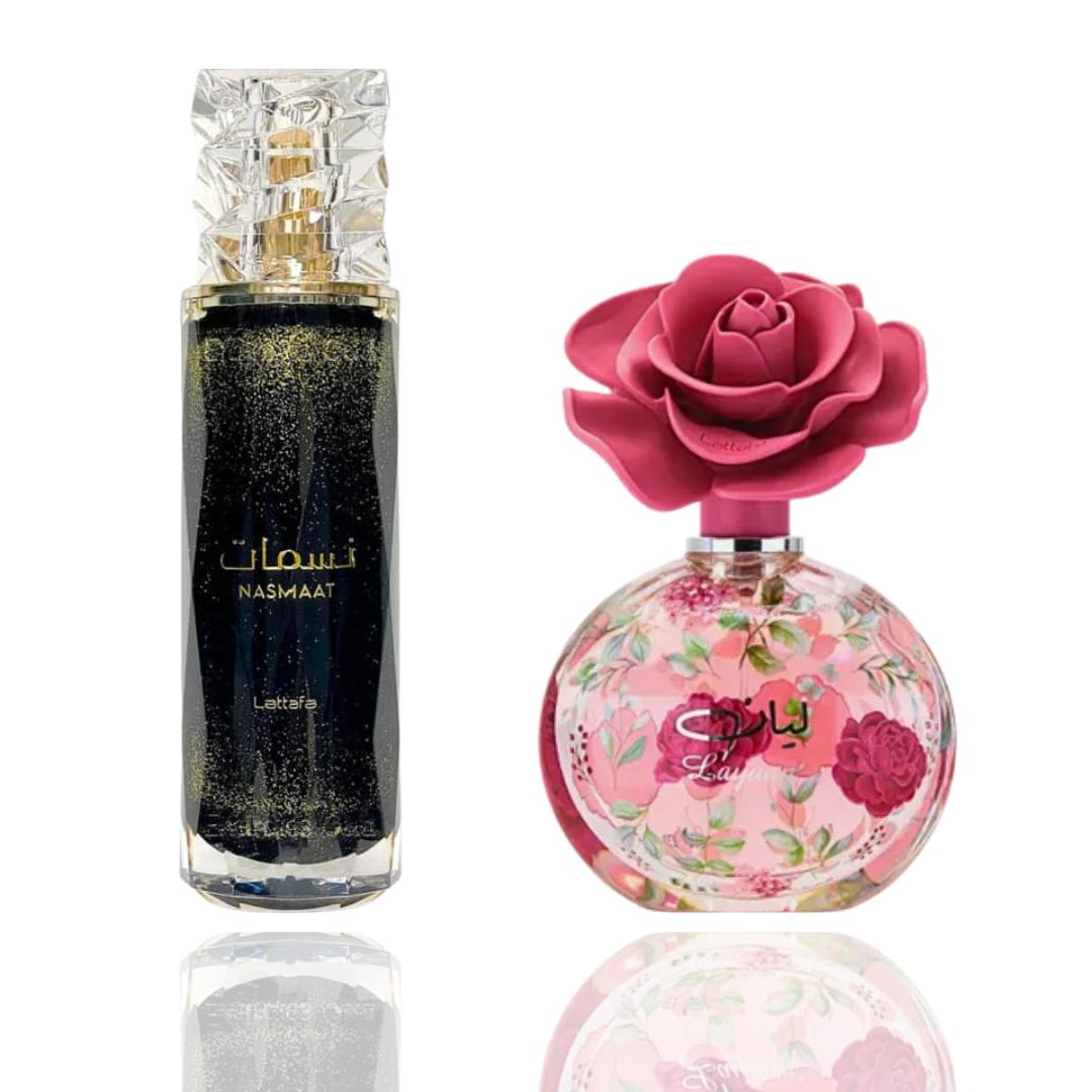 Lattafa Women's 2-Piece NASMAAT & LAYAAN Fragrance Bundle Set - Feminine Scent with Amber, Vanilla, Bright Notes, Cedarwood, Floral Accents, and Complex Fresh Depth