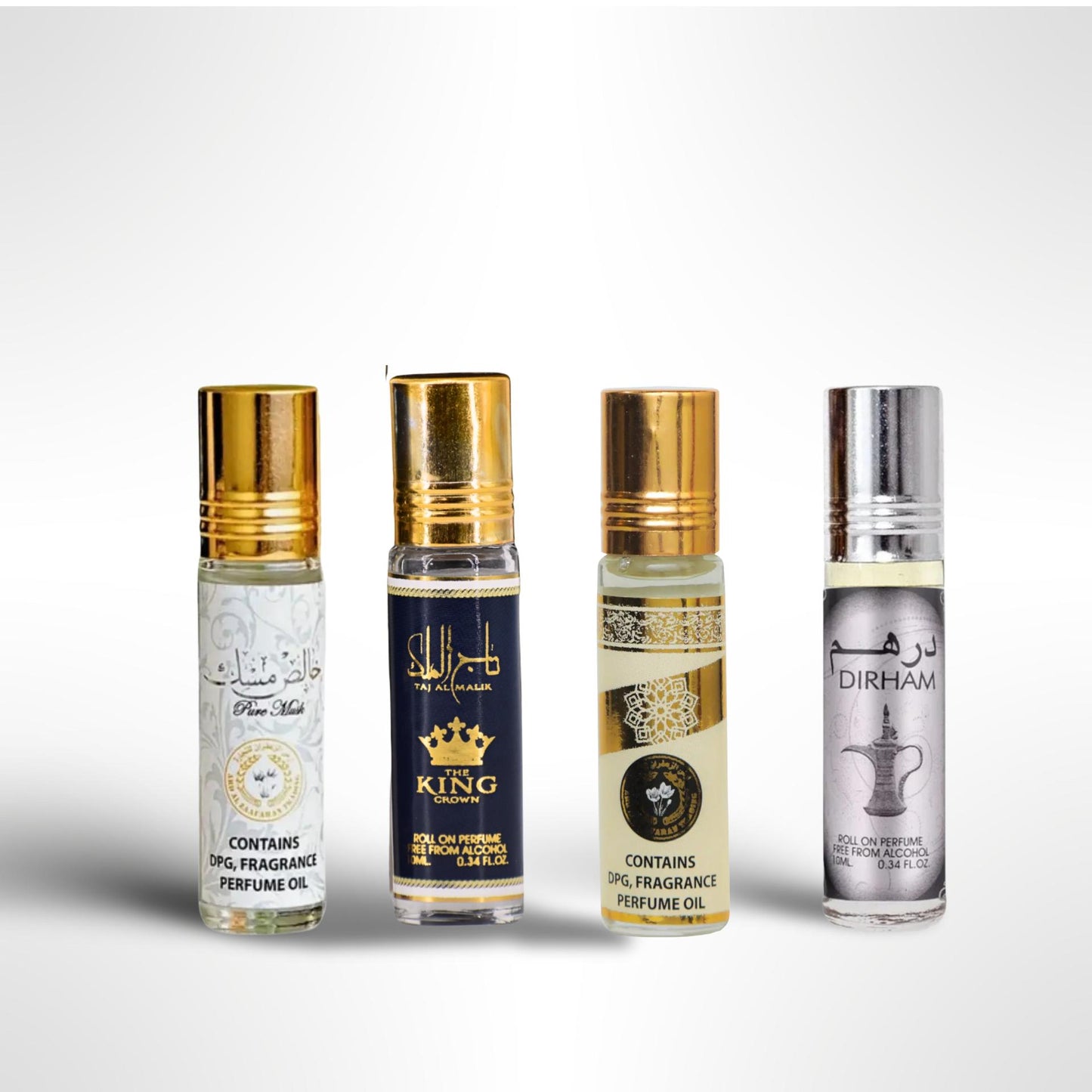Dirham Roll-On 10ml + Oud Mood Roll-On 10ml + Taj Al Malik Roll-On 10ml + Pure Musk Roll-On 10ml – Fragrance Gift Bundle