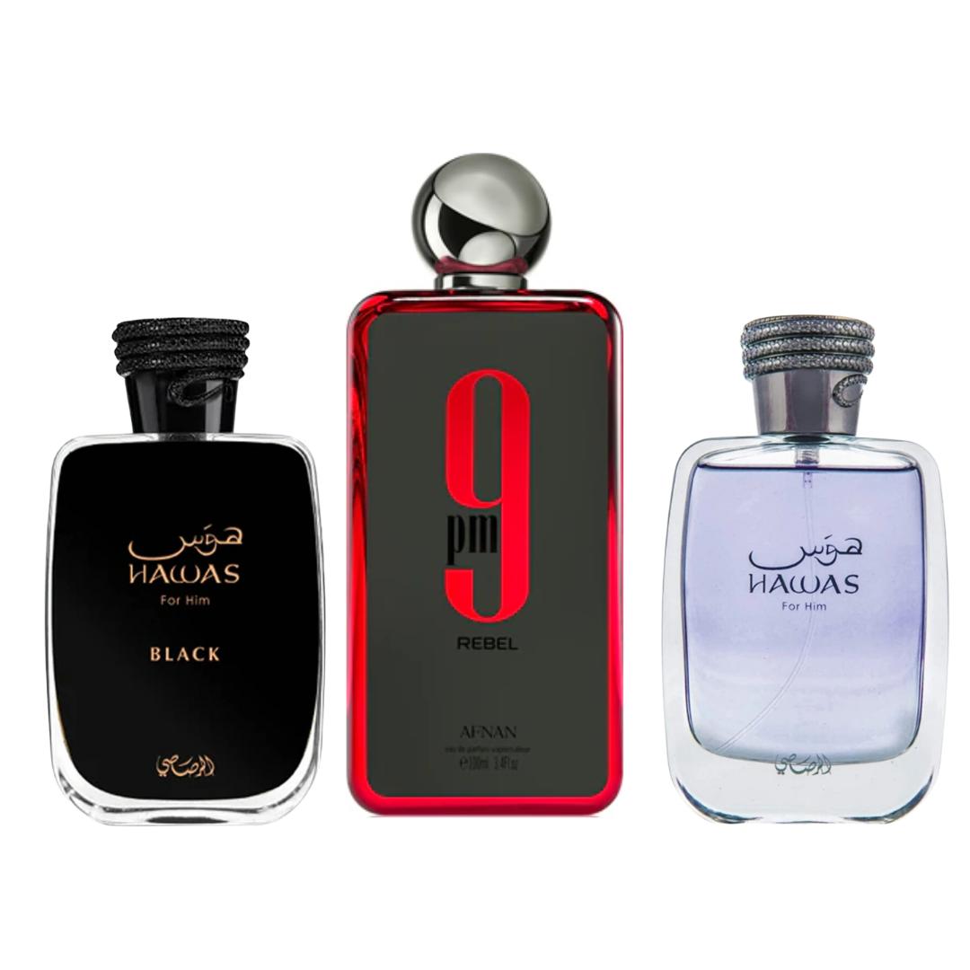 9PM REBEL+ HAWAS BLACK + HAWAS by Rasasi Perfumes (Men) 3.4oz (100ML) - Fragrance Gift Bundle