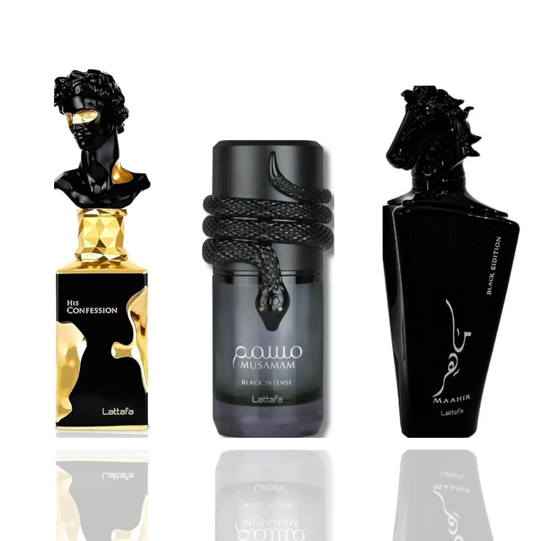 his confession + musamam black intense + maahir black -- 3 piece bundle
