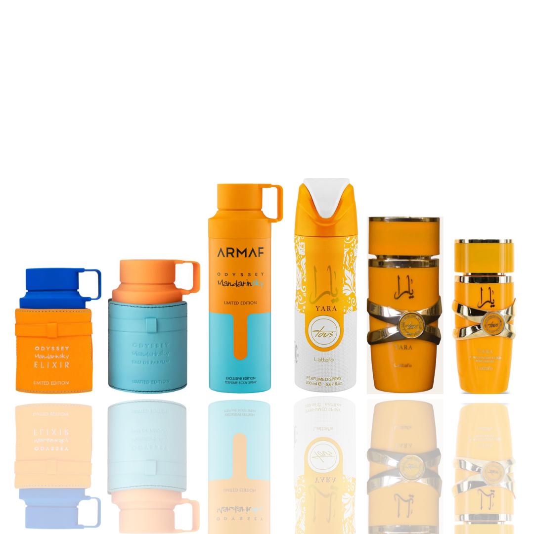 Odyssey mandarin sky elixir + Odyssey Mandarin sky + Odyssey Mandarin sky deodorant + Yara tous + Yara tous deodorant + Yara tous 20ml -- 6 piece bundle