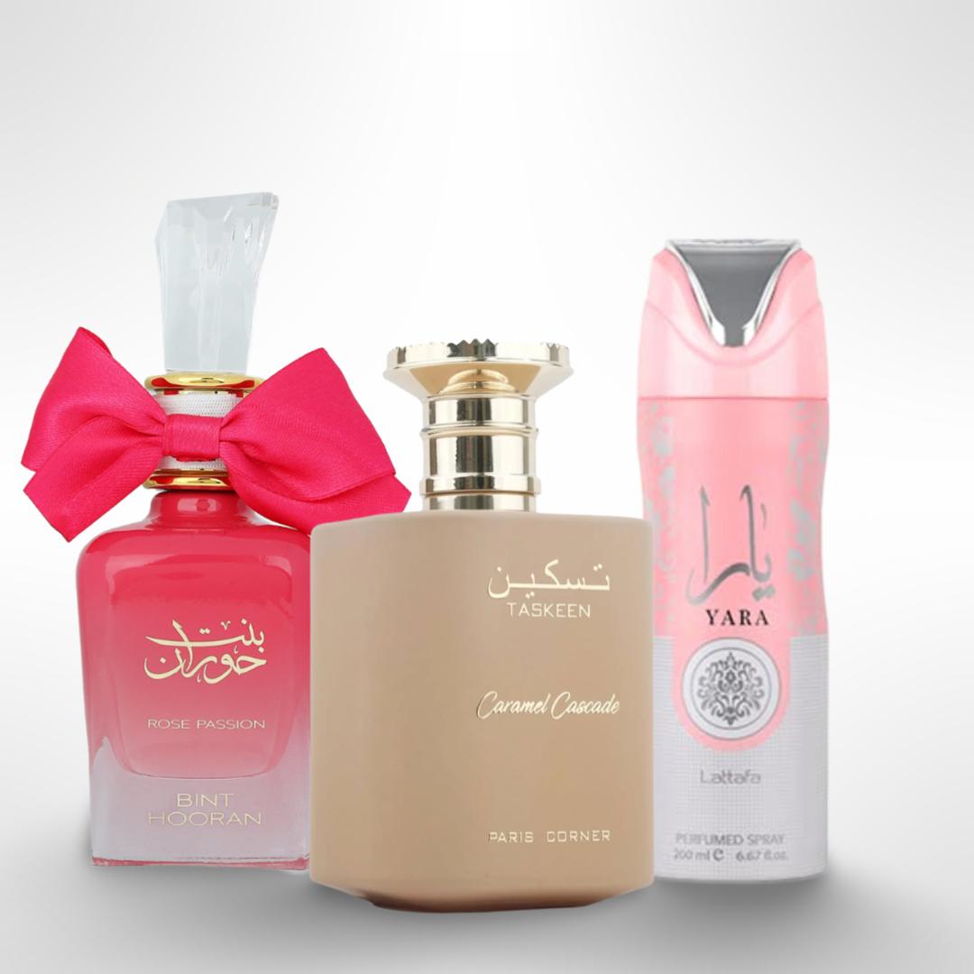 BINT HOORAN ROSE PASSION + TASKEEN CARAMEL + YARA DEODORANT - Fragrance Gift Bundle