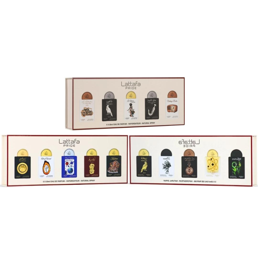Lattafa Pride Eau de Parfum Gift Set Collection No.5 (5 x 20ml) + Lattafa Pride Eau de Parfum Gift Set Collection No.3 (5 x 20ml)  + Lattafa Pride Eau de Parfum Gift Set Collection No.1 (5 x 20ml)
