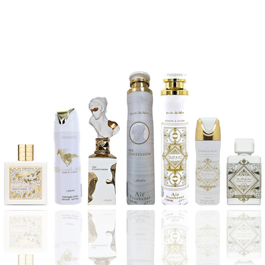 BADEE AL OUD HONOR AND GLORY + BADEE AL OUD HONOR AND GLORY BODY SPRAY + Badee Al Oud Honor & Glory Air Freshener +Her confession AIR FRESHENER + HER CONFESSION + QAED AL FURSAN UNLIMITED + QAED AL FURSAN UNLIMTED BODY SPRAY -- 7 PIECE BUNDLE