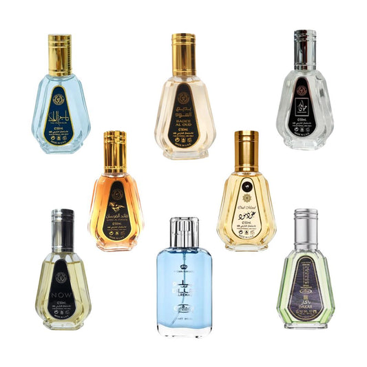 Taj Al Malik 50ml + Badee Al Oud 50ml + Hayaati 50ml + Qaed Al Fursan 50ml + Oud Mood 50ml + Now Black 50ml + Blue 50ml + Dakar 50ml --- 8 piece bundle