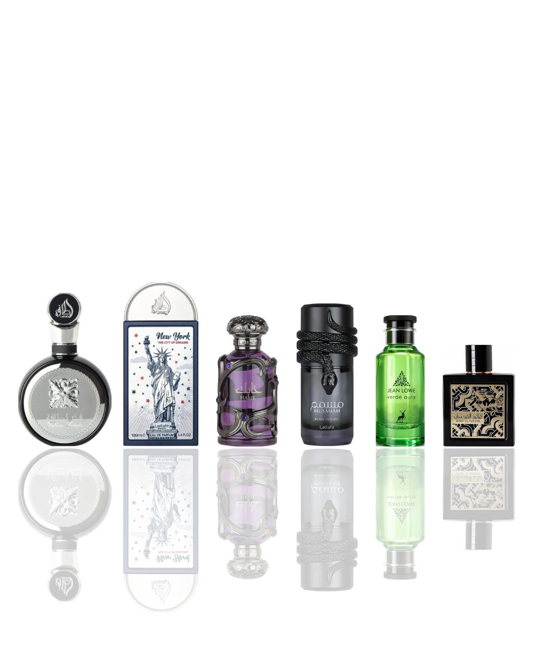 fakhar lattafa + new york city of dreams + habik men + musamam black + jean lowe verde aura + qaed al fursan -- 6 piece bundle