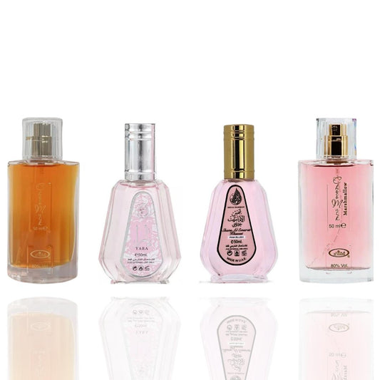 Pink Blush Shams Al Emarat 50ml + CHOCO MUSK Perfume 50ml + Yara Spray Perfume 50ml + ChocoMusk Marshmallow 50ml -- 4 piece bundle