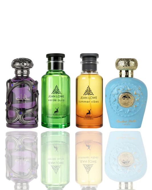 Lattafa Unisex 4-Piece Fragrance Bundle - Habik Men, Jean Lowe Verde Aura, Jean Lowe Summer Vibes, Opulent Dubai Men's Cologne with Citrus Freshness