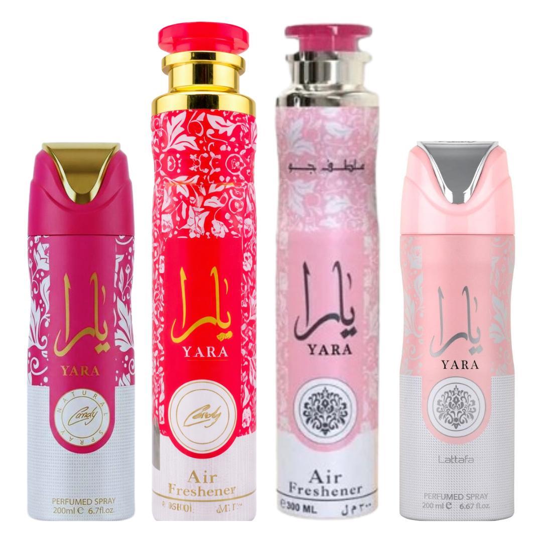 Yara Candy air freshener + Yara Candy body spray +Yara Deodorant + Yara air freshener -- 4 piece bundle