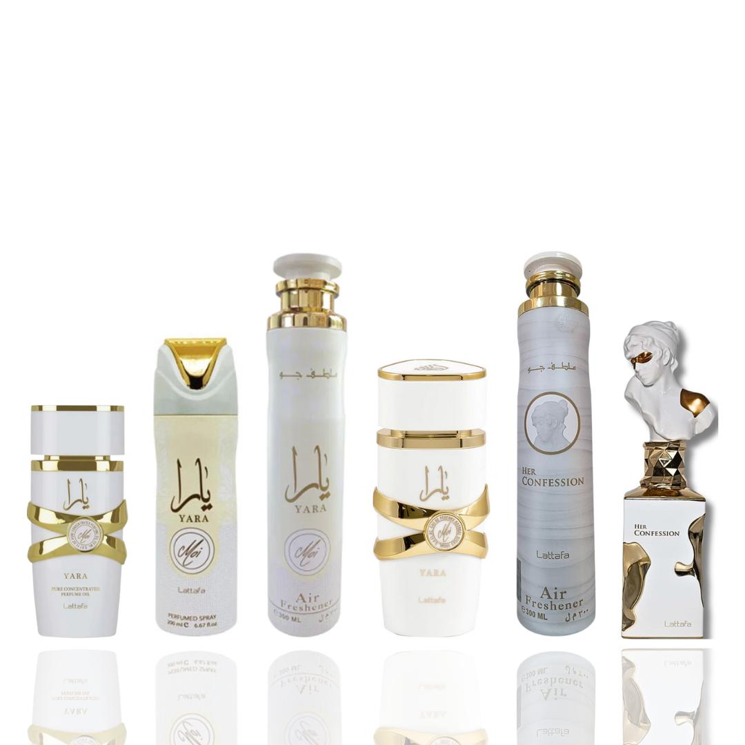 YARA MOI + YARA MOI 20ML + YARA MOI DEODORANT + YARA MOI AIR FRESHENER + HER CONFESSION + HER CONFESSION AIR FRESHENER -- 6 PIECE BUNDLE